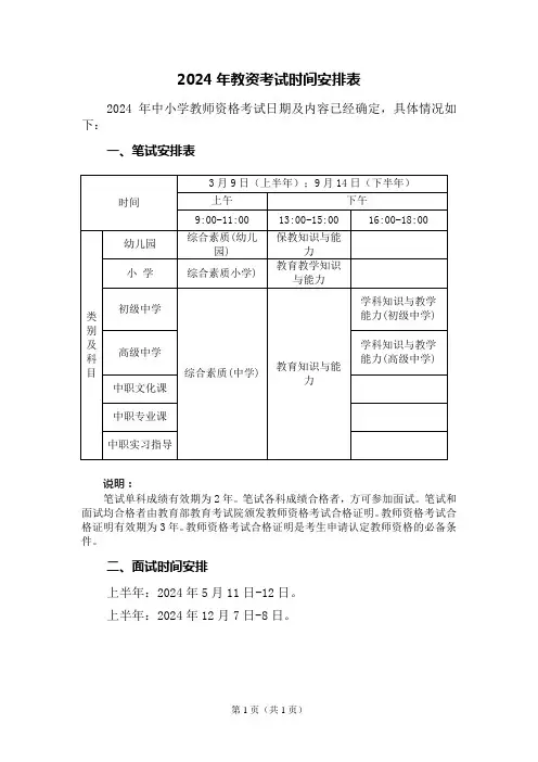 2024年教资考试时间安排表