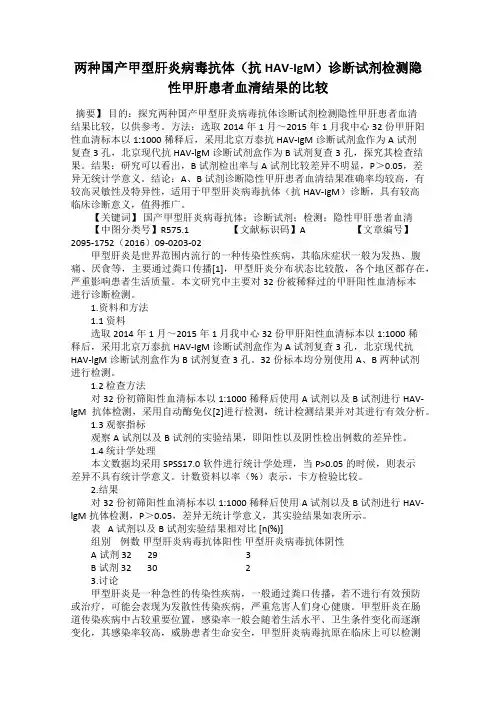 两种国产甲型肝炎病毒抗体(抗HAV-IgM)诊断试剂检测隐性甲肝患者血清结果的比较