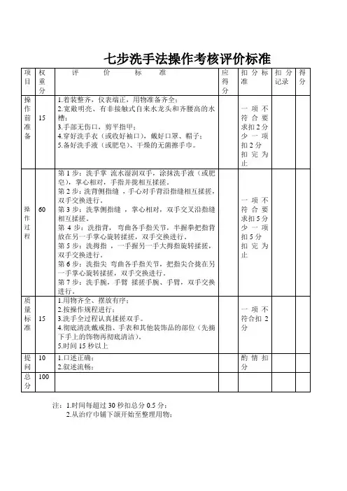 七步洗手法操作考核评价标准