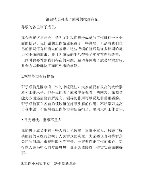 镇副镇长对班子成员的批评意见