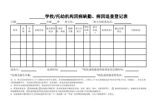学校班级学生因病缺勤登记表