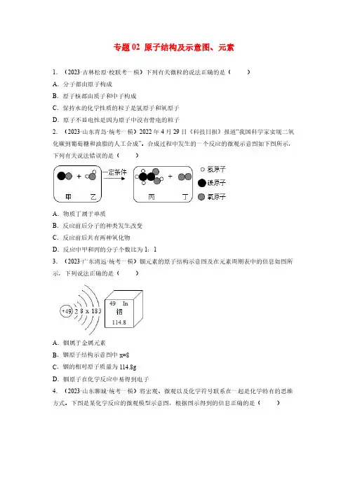 专题02 原子结构及示意图、元素-2023年中考化学一模试题分项汇编(全国通用)(原卷版)