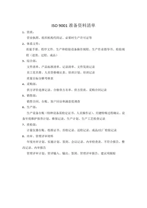 ISO9001准备资料清单