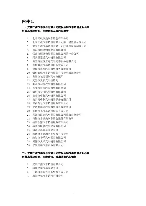 各大汽车公司授权企业销售名单