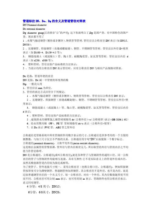 管道标注DN、De、Dg的含义及管道管径对照表.
