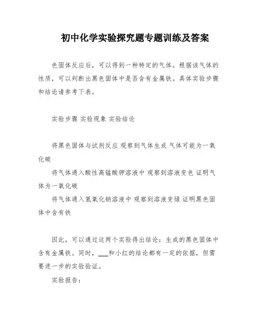 初中化学实验探究题专题训练及答案