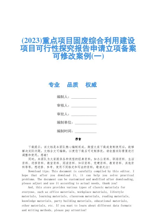 (2023)重点项目固废综合利用建设项目可行性研究报告申请立项备案可修改案例(一)