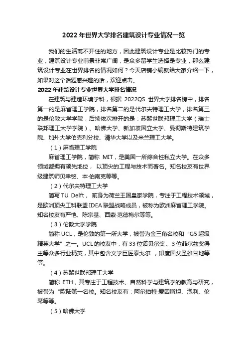 2022年世界大学排名建筑设计专业情况一览