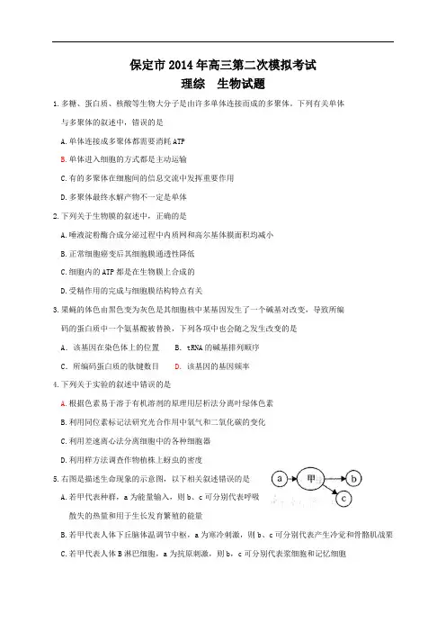 河北省保定市2014届高三第二次模拟考试理综试题 Word版含答案