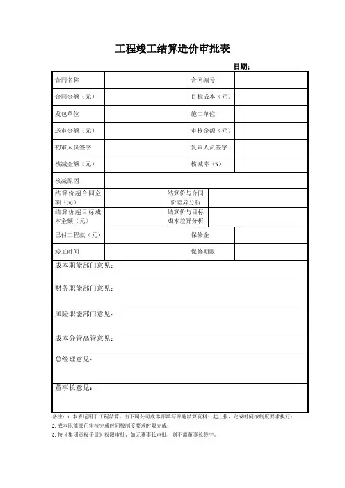 工程竣工结算造价审批表