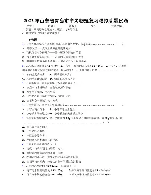2022年山东省青岛市中考物理复习模拟真题试卷及解析