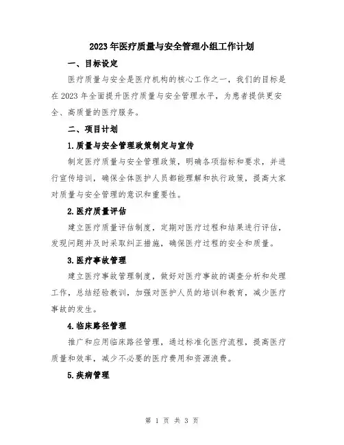 2023年医疗质量与安全管理小组工作计划