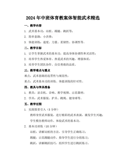 2024年中班体育教案体智能武术精选