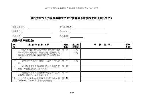 委托方对受托方医疗器械生产企业质量体系审核检查表(委托生产)