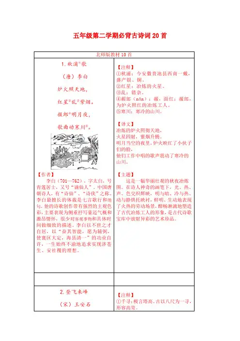 五年级第二学期必背古诗词20首