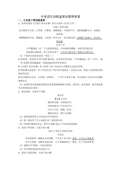 中考语文诗歌鉴赏试题带答案