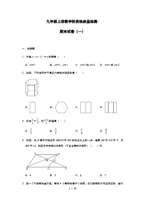 北师大版九年级上册数学阶段性质量检测-期末试卷(一)(解析版)
