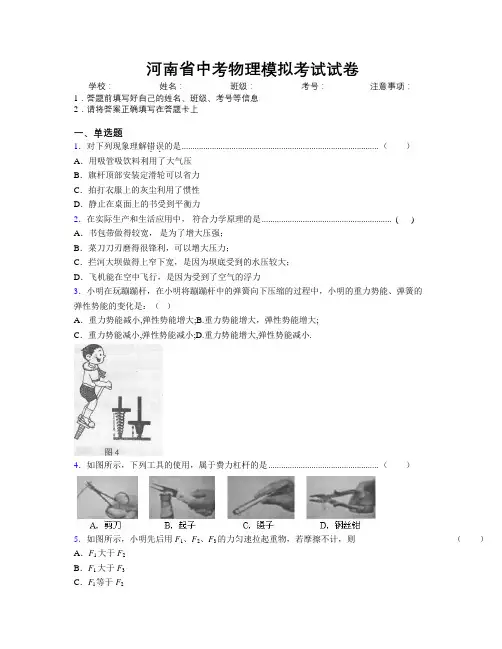 河南省中考物理模拟考试试卷附解析