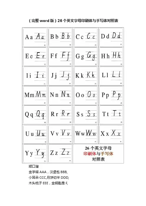 （完整word版）26个英文字母印刷体与手写体对照表
