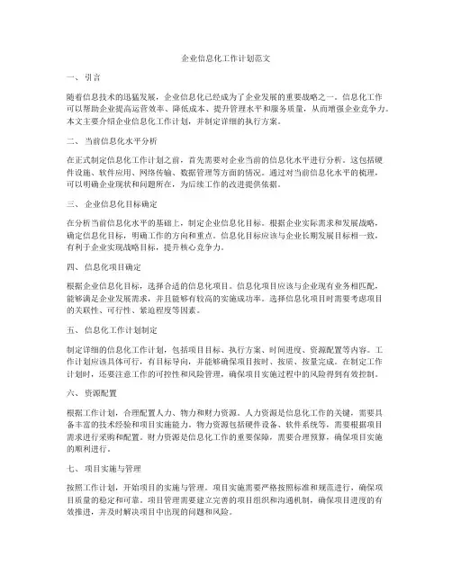 企业信息化工作计划范文