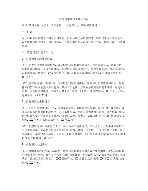 应急预案年度工作计划表