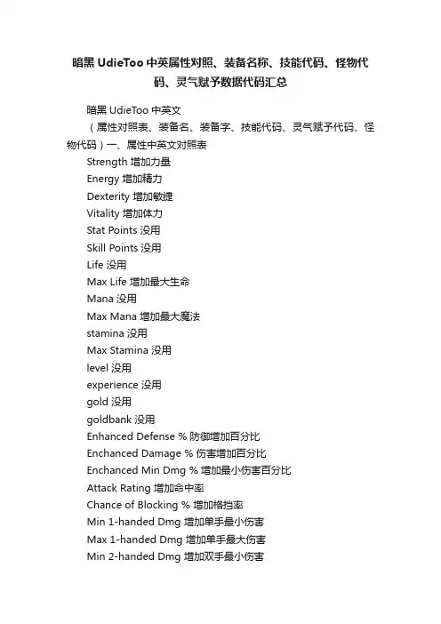 暗黑UdieToo中英属性对照、装备名称、技能代码、怪物代码、灵气赋予数据代码汇总