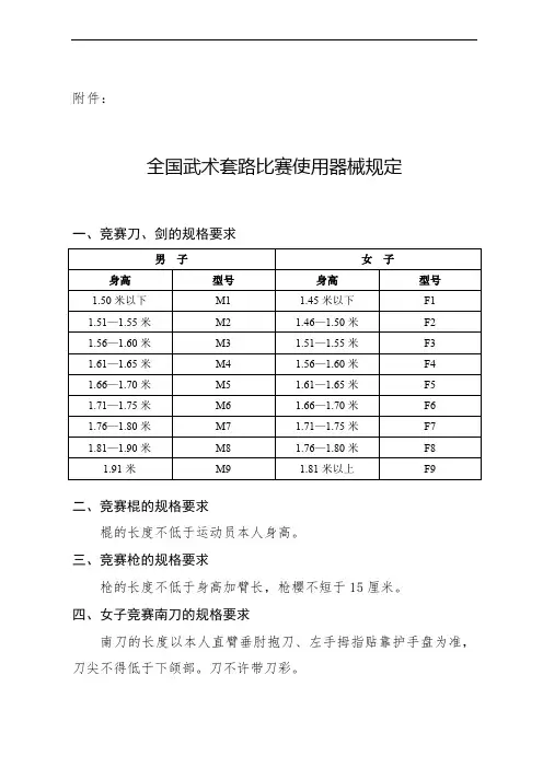 全国武术套路比赛使用器械规定