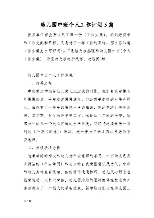 幼儿园中班个人工作计划5篇