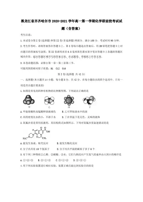 黑龙江省齐齐哈尔市2020-2021学年高一第一学期化学联谊校考试试题(含答案)