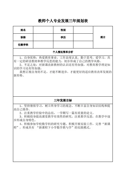 教师个人专业发展三年规划表