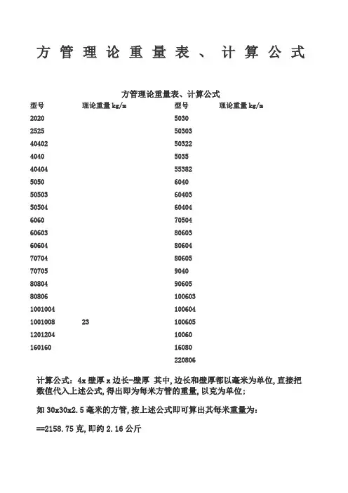 方管理论重量表计算公式