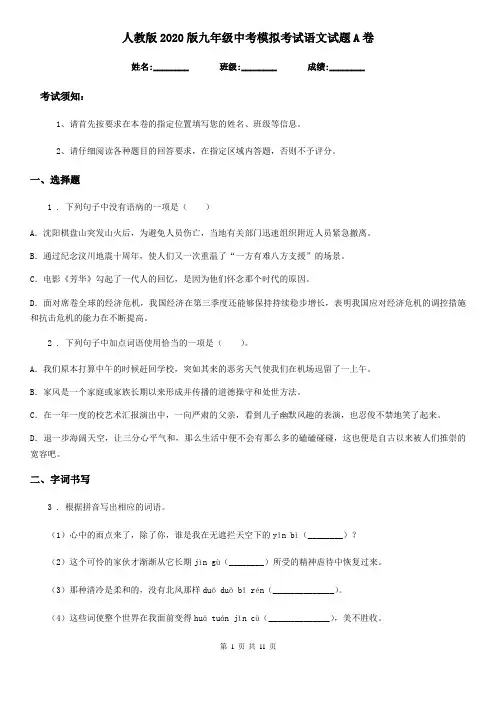 人教版2020版九年级中考模拟考试语文试题A卷