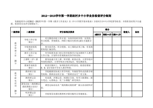 2012～2013学年第一学期赵村乡中小学业务检查评分细则
