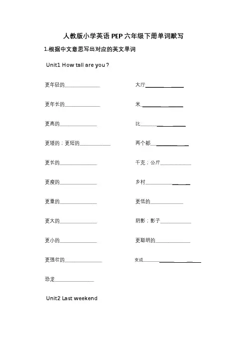 人教版小学英语PEP六年级下册单词默写(英译汉+汉译英)