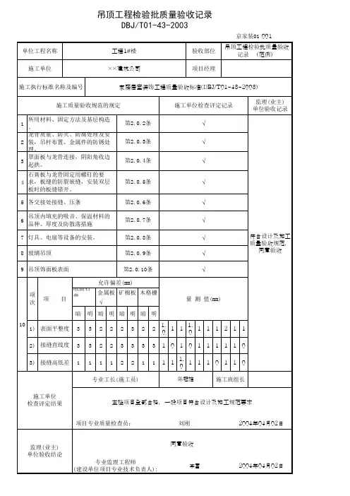 吊顶工程检验批质量验收记录  (范例)