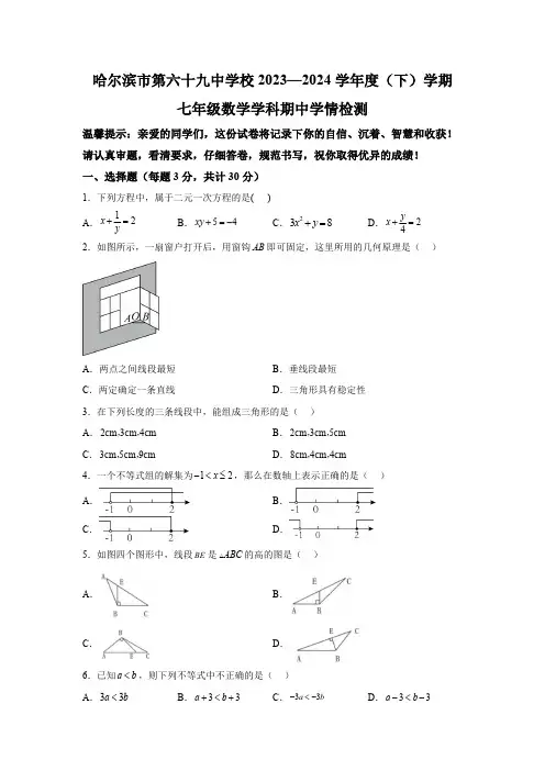 黑龙江省哈尔滨市第六十九中学校2023-2024学年七年级下学期期中数学试题(含解析)