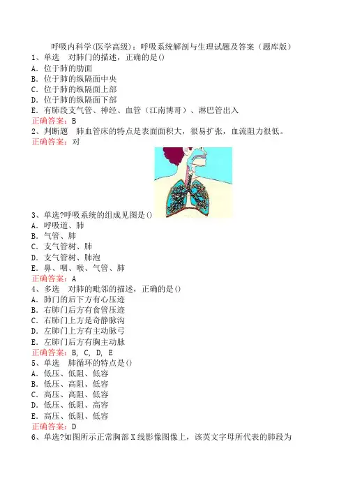 呼吸内科学(医学高级)：呼吸系统解剖与生理试题及答案(题库版)