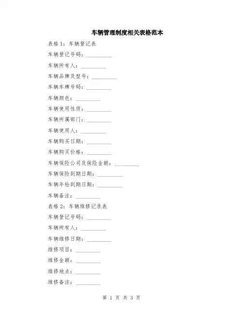 车辆管理制度相关表格范本