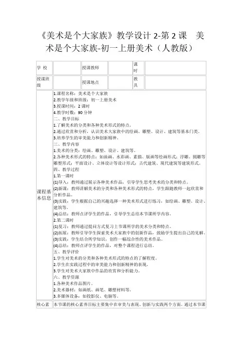 《美术是个大家族》教学设计2-第2课 美术是个大家族-初一上册美术(人教版)