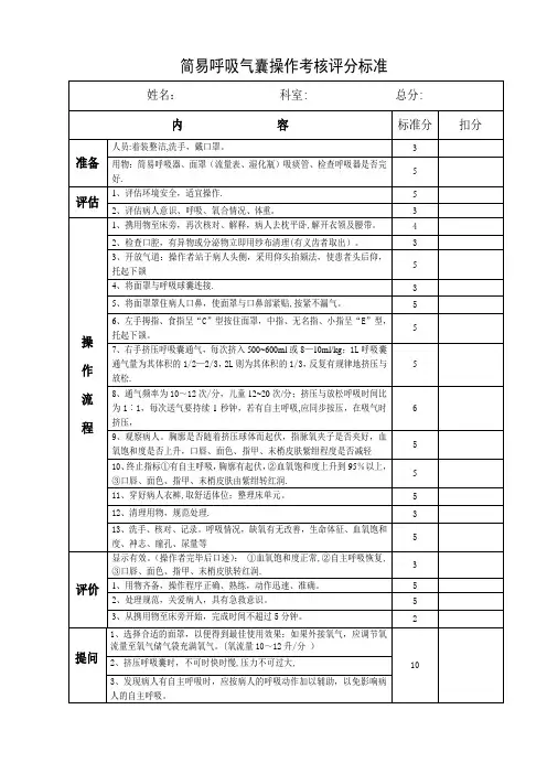 简易呼吸气囊操作考核评分标准