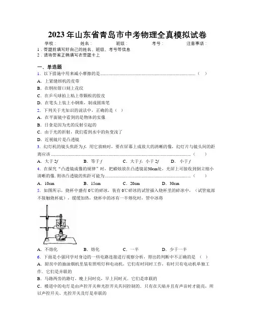 2023年山东省青岛市中考物理全真模拟试卷及解析