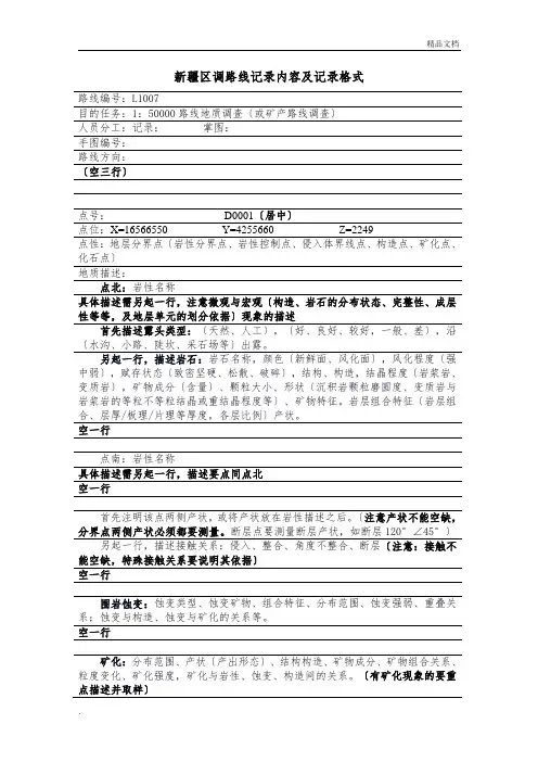 地质调查路线记录内容及记录格式的基本表达格式示例