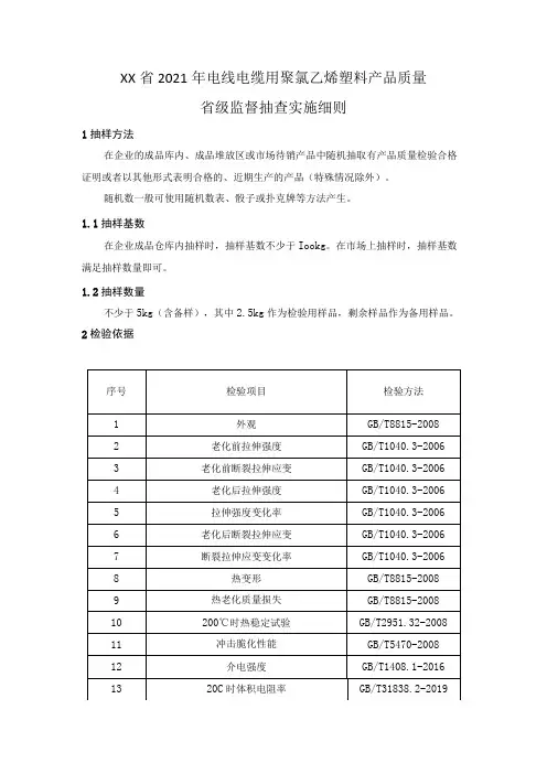 电线电缆用聚氯乙烯塑料产品质量省级监督抽查实施细则(2021年版)