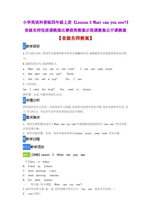 小学英语科普版四年级上《Lesson5 What can you see》省级名师优质课教案比赛获奖教案示范课教案公开课教案