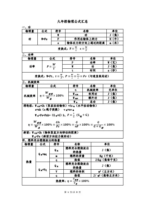 九年级物理公式汇总