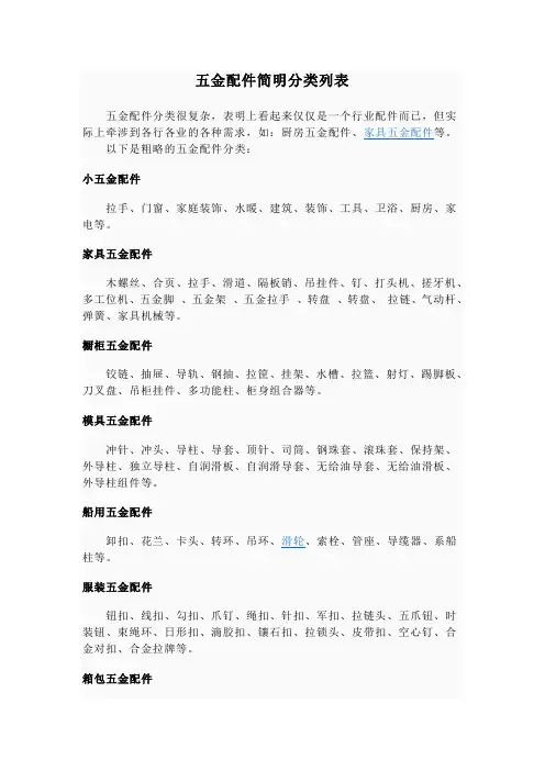 五金配件简明分类列表