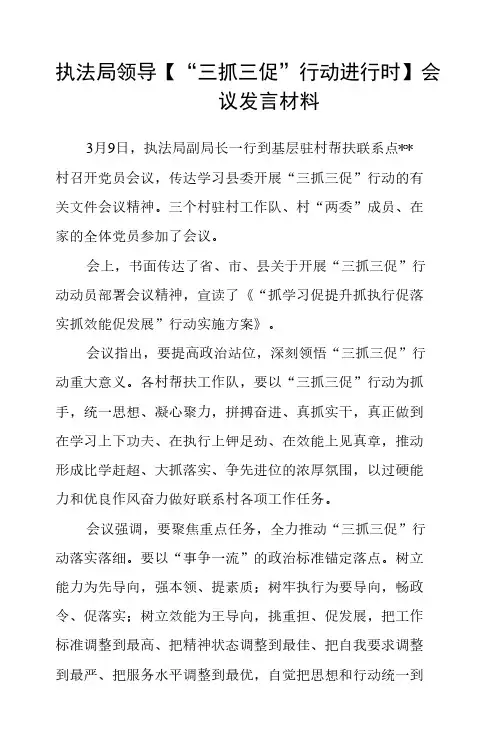 执法局领导【“三抓三促”行动进行时】会议发言材料