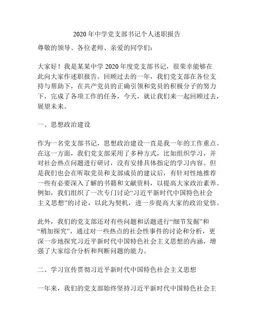 2020年中学党支部书记个人述职报告