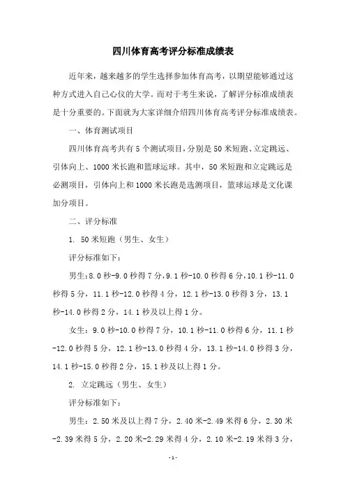 四川体育高考评分标准成绩表