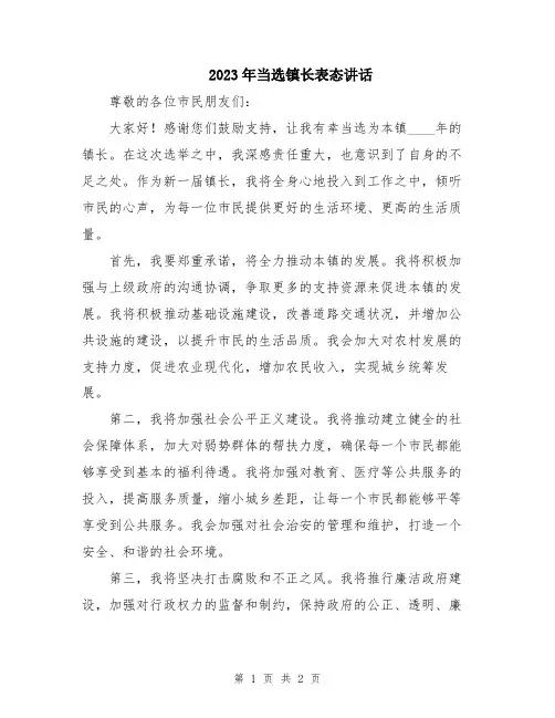 2023年当选镇长表态讲话